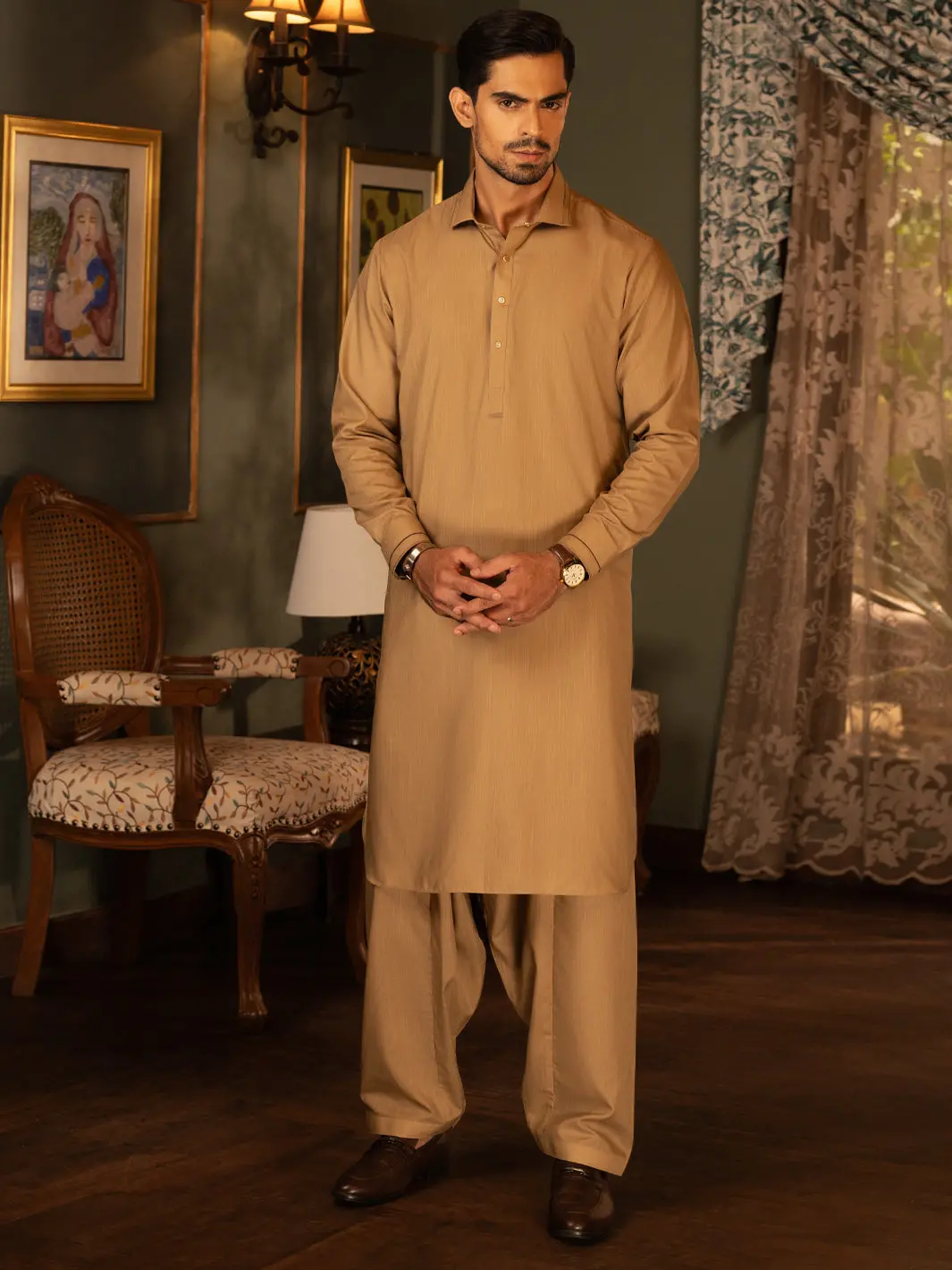 Beige Blended Kameez Shalwar - Alwa-Ks-455 1