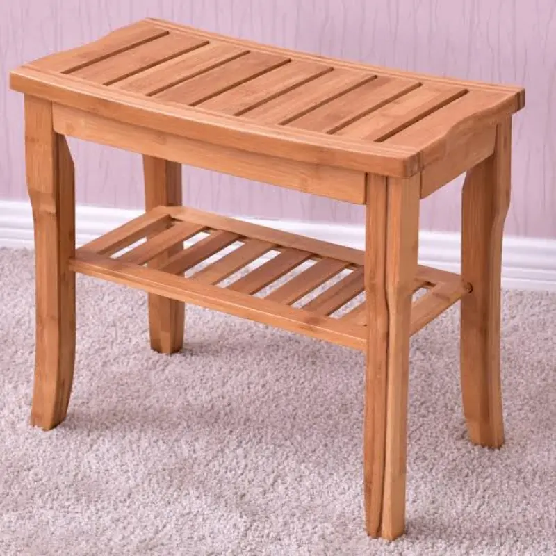 Waterproof Bamboo Wooden Shower Bench Seat With Storage Shelf 1