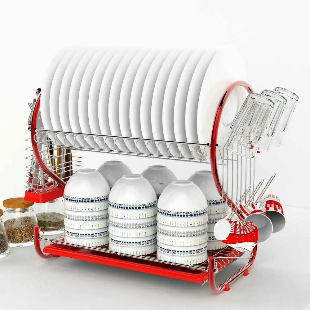 Large Kitchen Red Dish Drying Rack 2 Tier 1