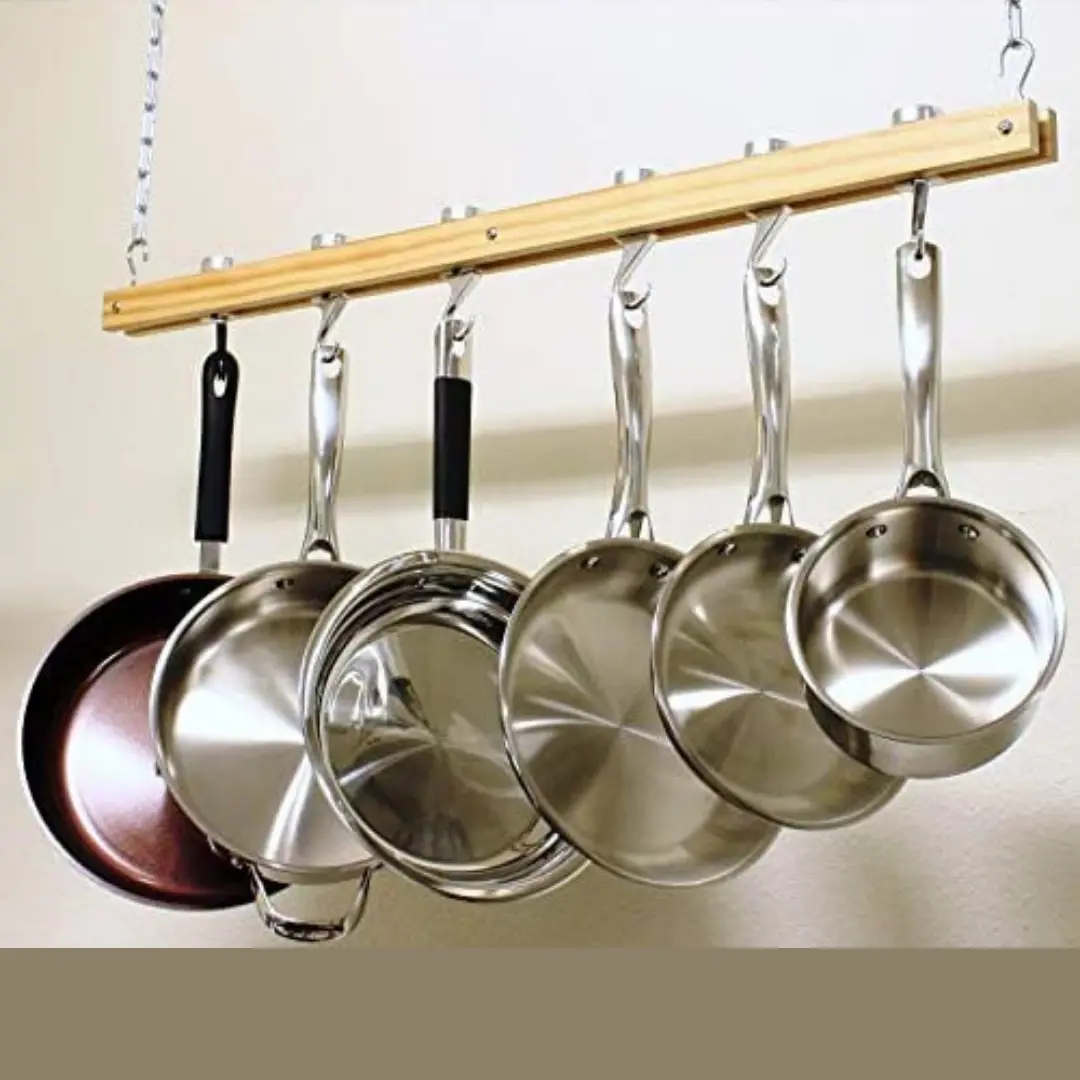 Ceiling Mounted Wooden Hanging Pots And Pans Rack 1