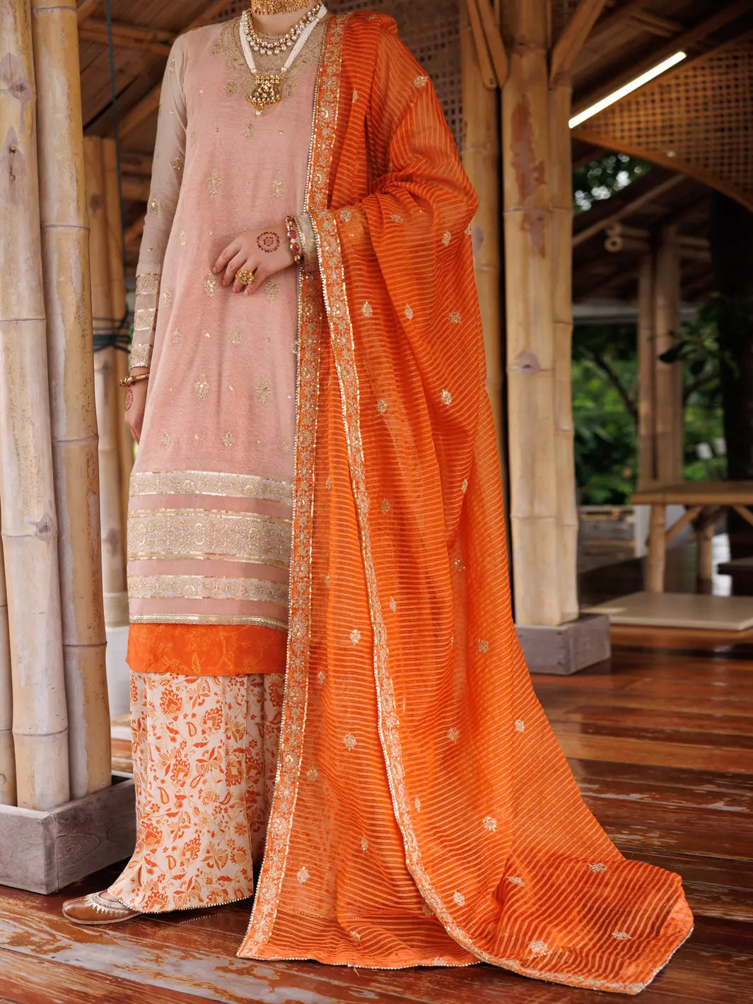 Mustard Cotton Khaddi Net 3Pc Unstitched - Alp-3Ps-2028 1