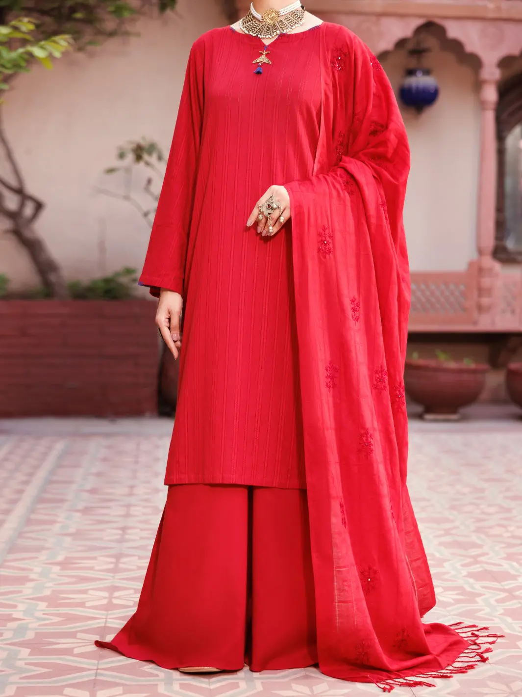 Red Cotton Dobby 3Pc Stitched - Alp-3Ps-2133 1