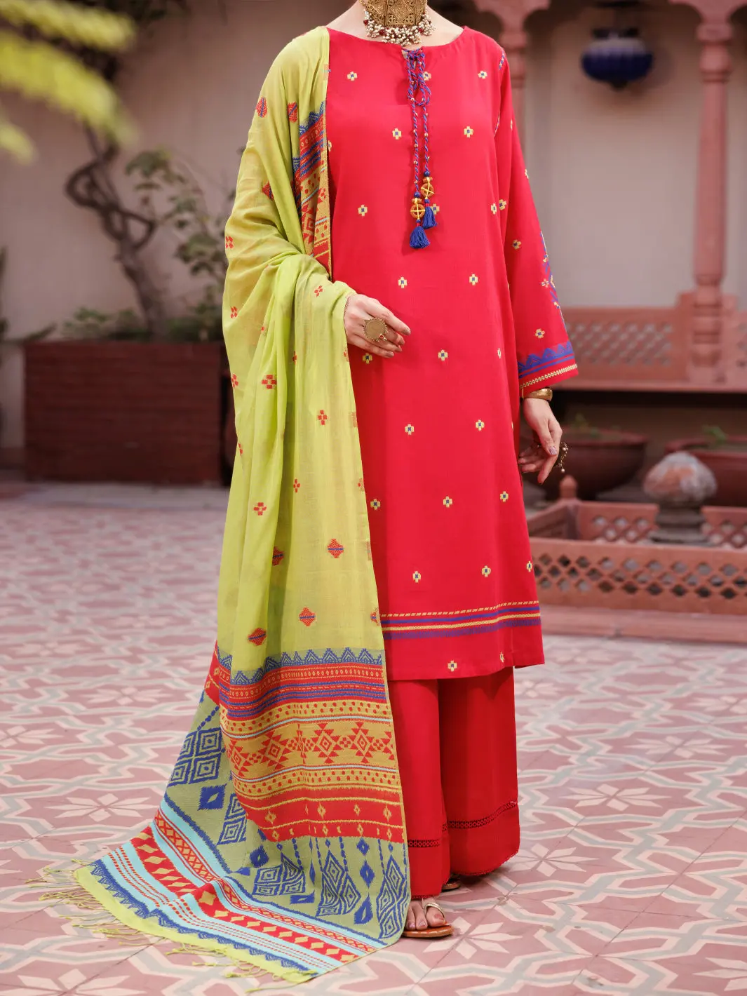 Red Yarn Dyed 3Pc Unstitched - Alp-3Ps-2154 1