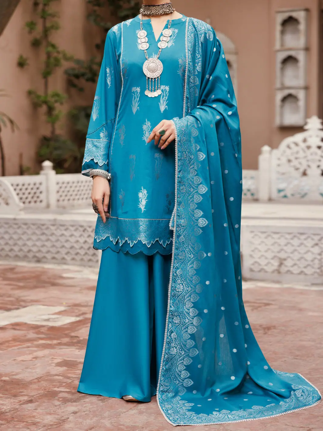 Teal Yarn Dyed Jacquard 3Pc Unstitched - Alp-3Ps-2230 1
