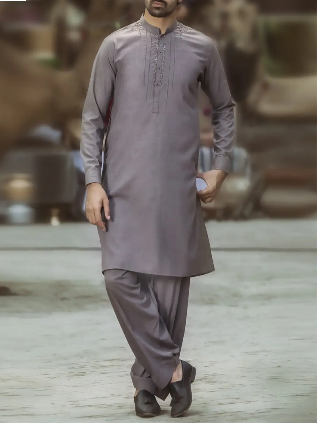 Sand Colored Blended Kameez Shalwar - Al-Ks-2389 1