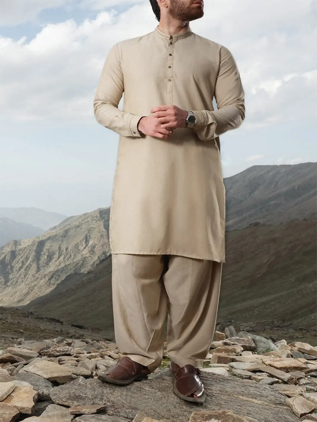 Sand Colored Blended Kameez Shalwar - Al-Ks-2408 1