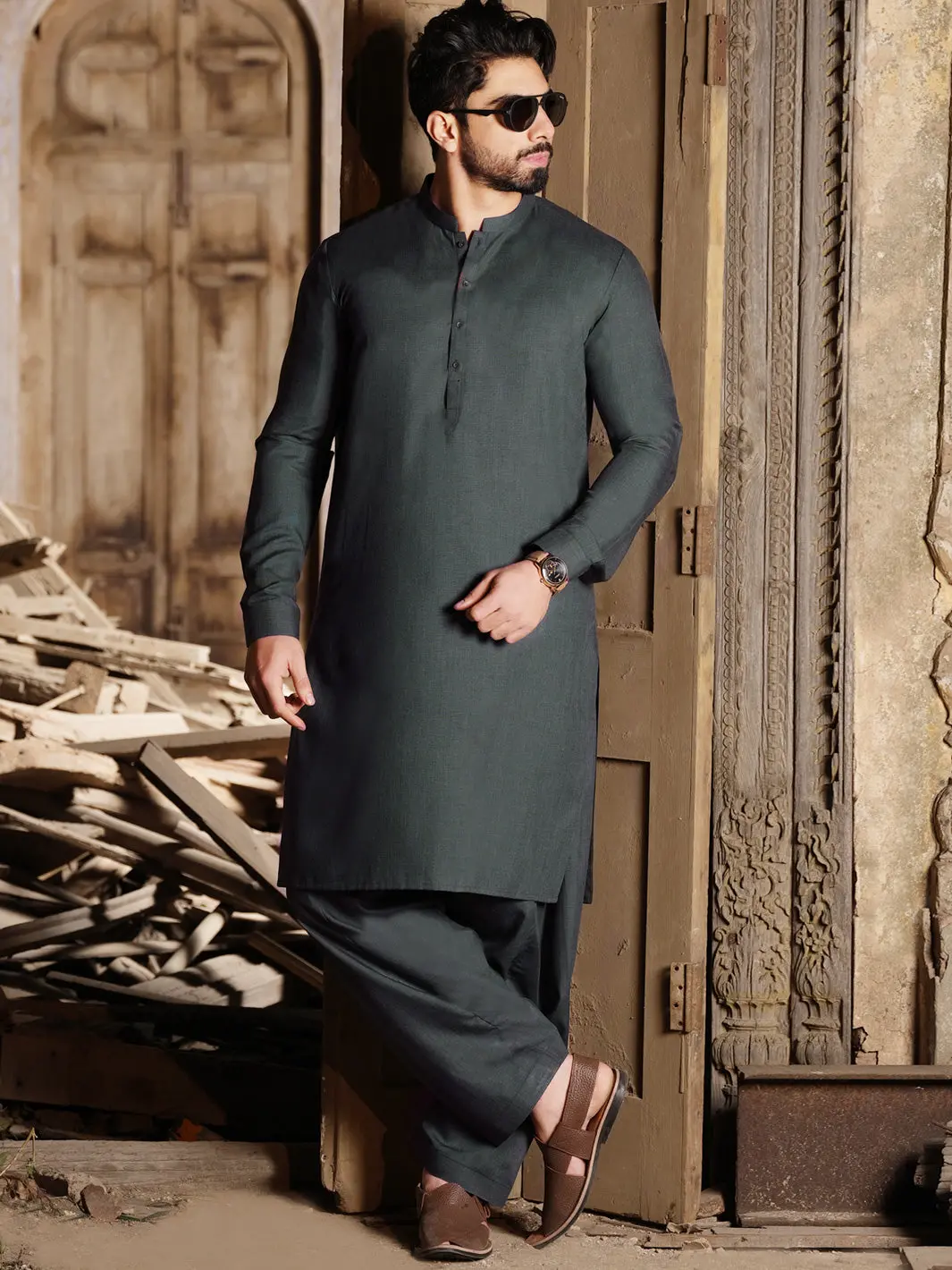 Emerald Green Blended Kameez Shalwar - Al-Ks-2466 1