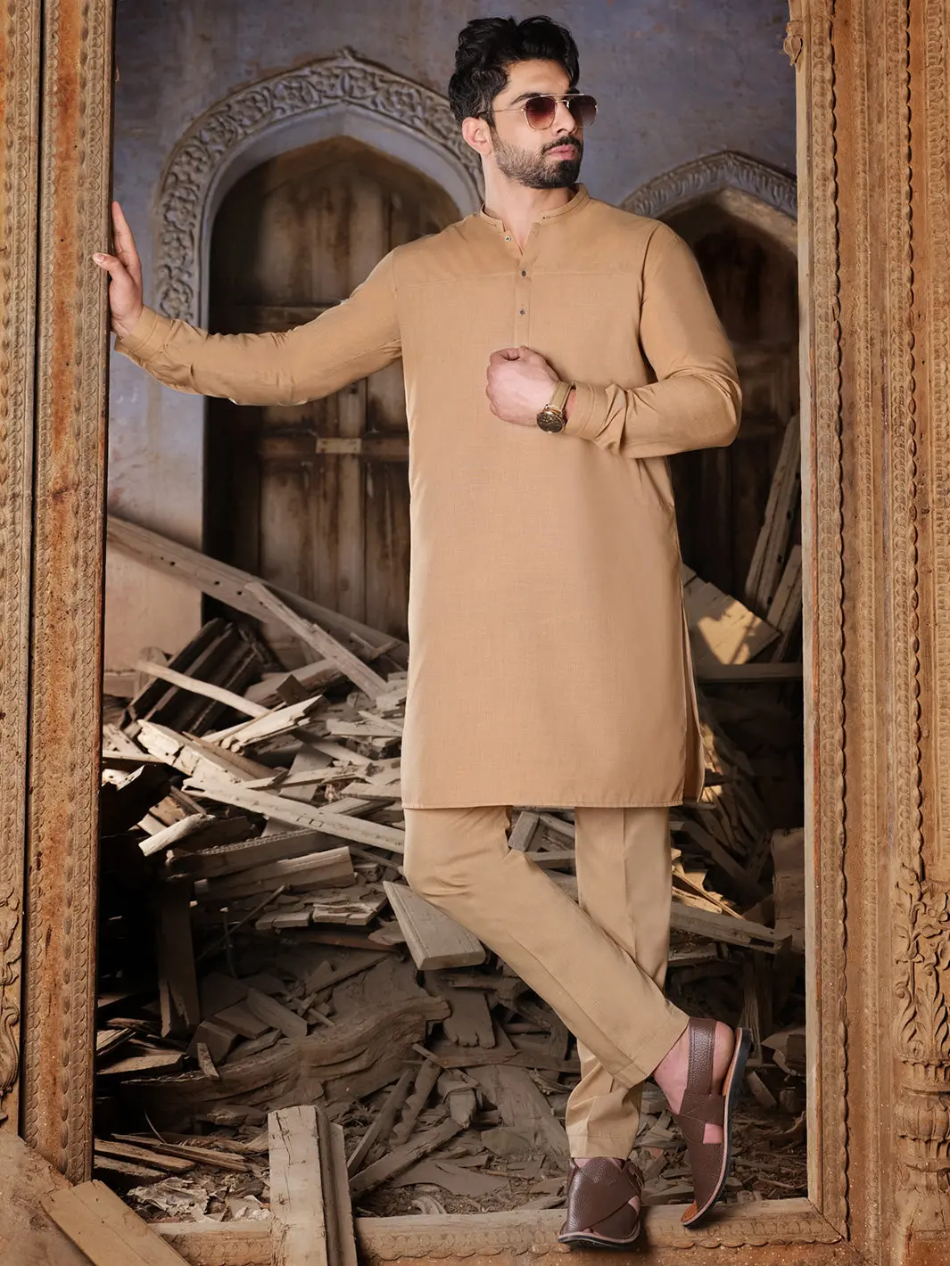 Fawn Blended Kurta Pajama - Al-Ks-2492 1