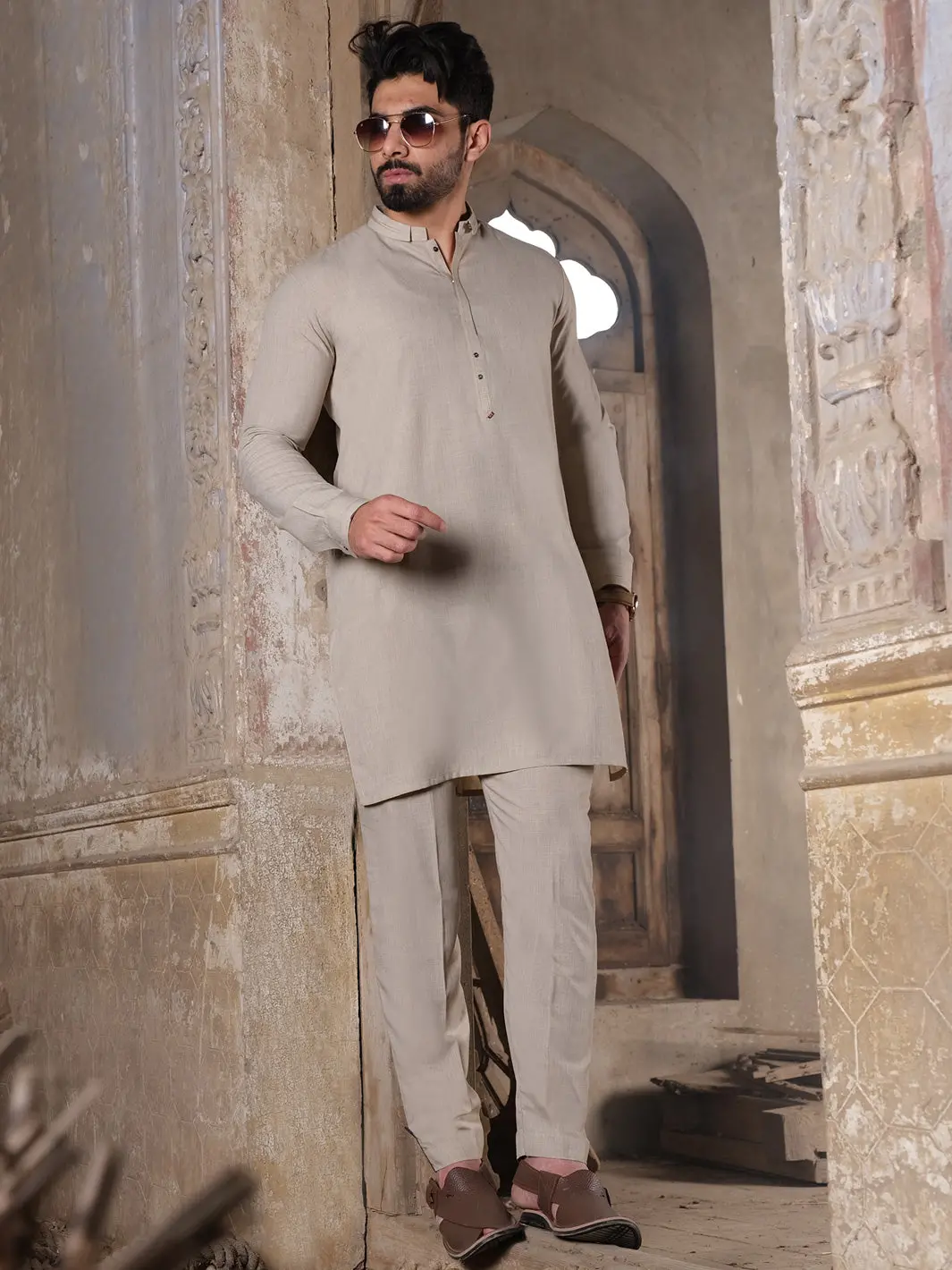 Beige Blended Kurta Pajama - Al-Ks-2504 1