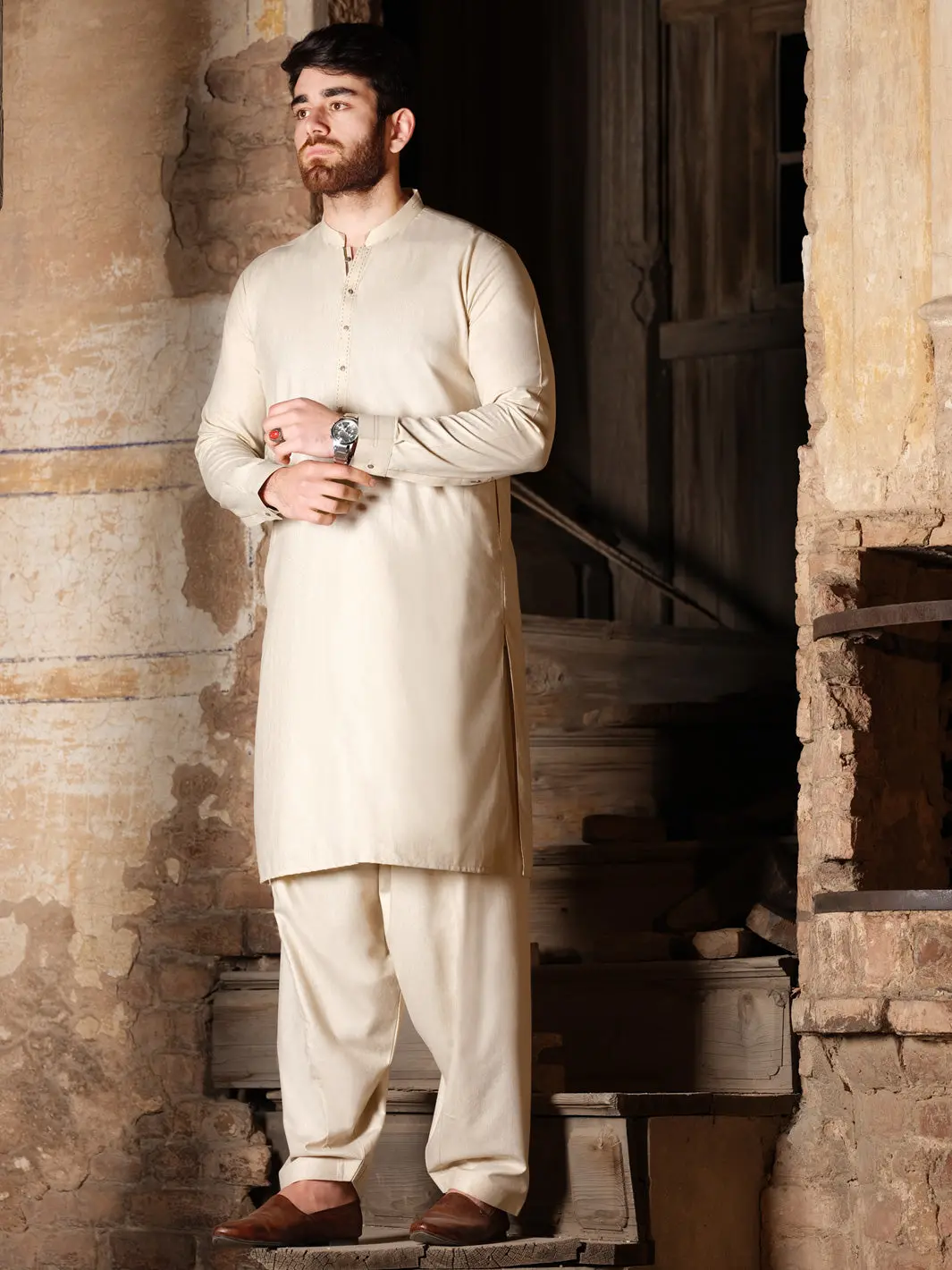 Beige Blended Kameez Shalwar - Al-Ks-2505 1
