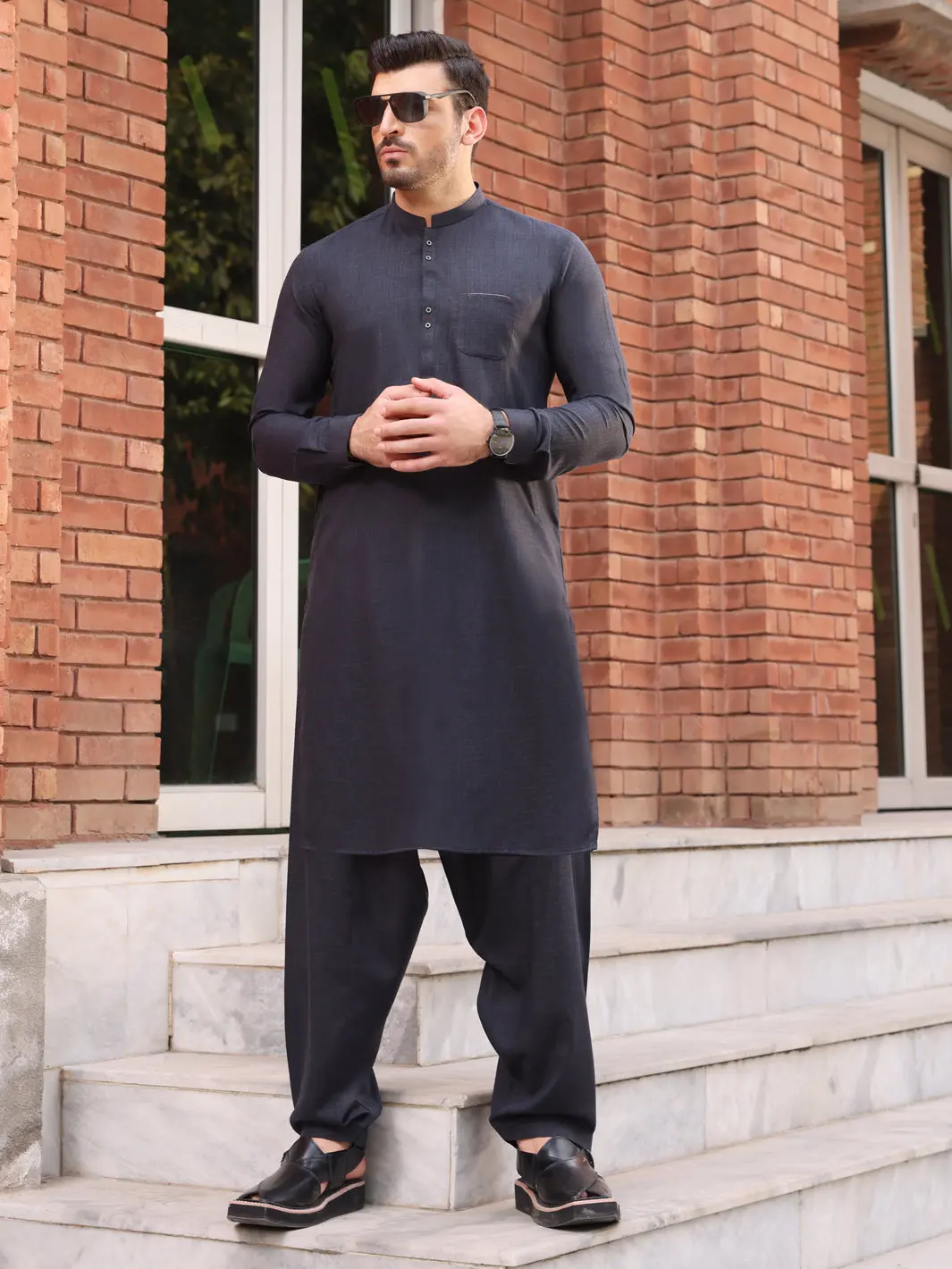 Charcoal Grey Blended  Kameez Shalwar - Al-Ks-2604 1