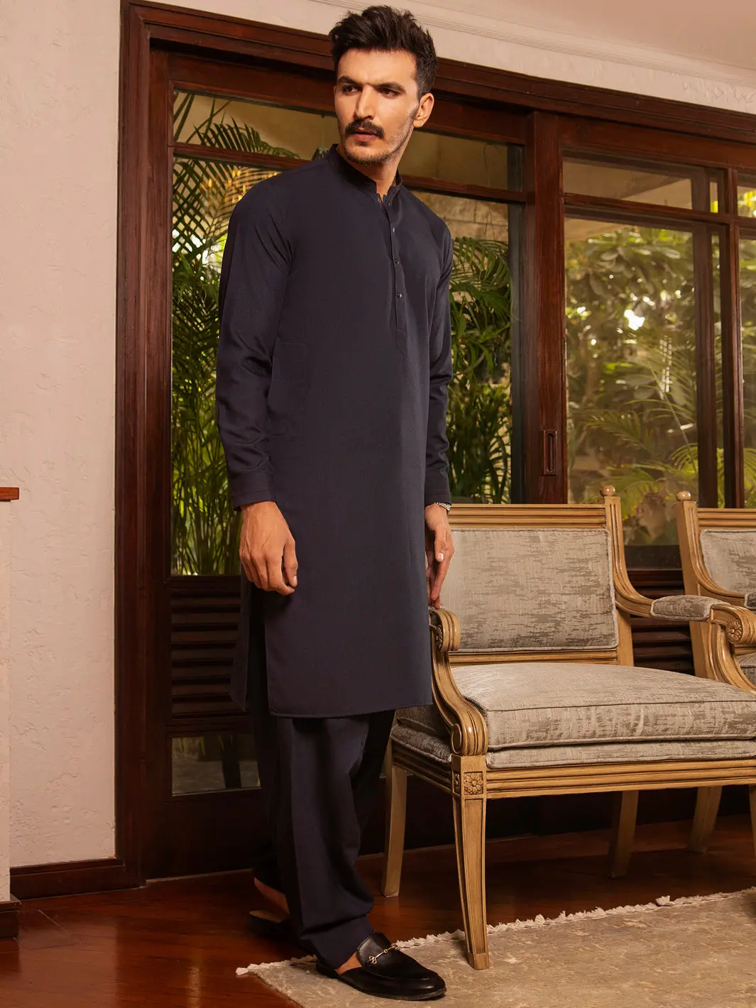 Dark Blue Blended Kurta Shalwar - Al-Ks-2680 1