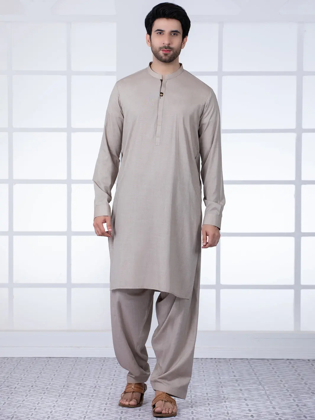 Beige Blended Kameez Shalwar - Al-Ks-2753 1