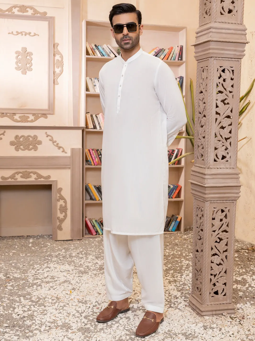 White Blended Kameez Shalwar - Al-Ks-2767 1