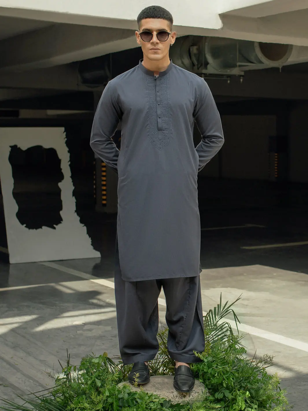 Charcoal Grey Kameez Shalwar - Al-Ks-2926 1