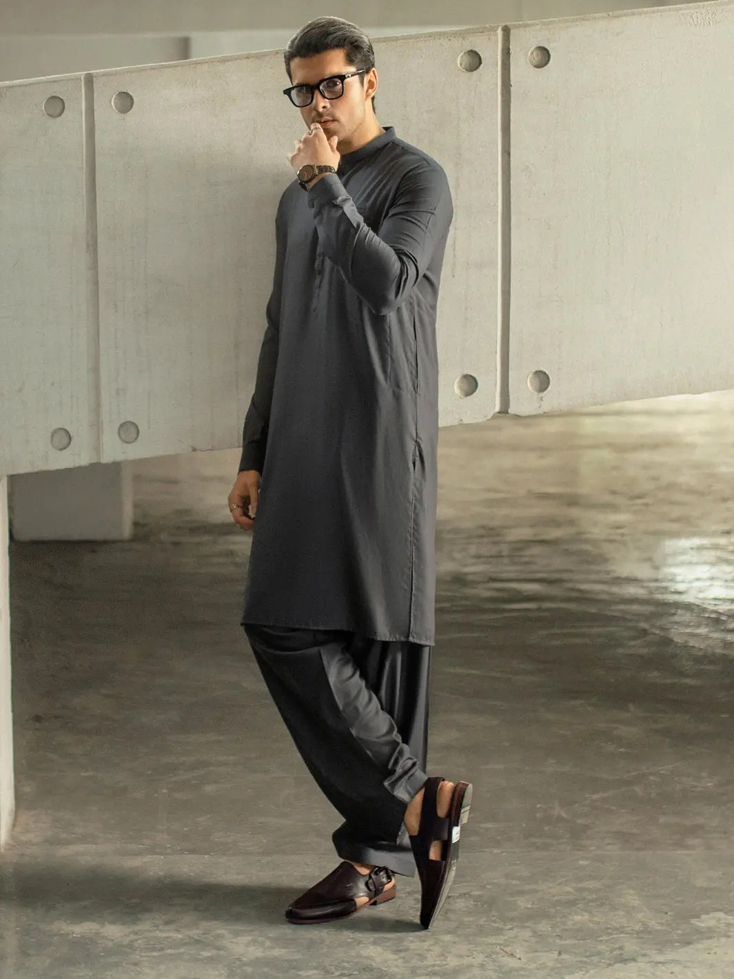 Charcoal Grey Kameez Shalwar - Al-Ks-2950 1