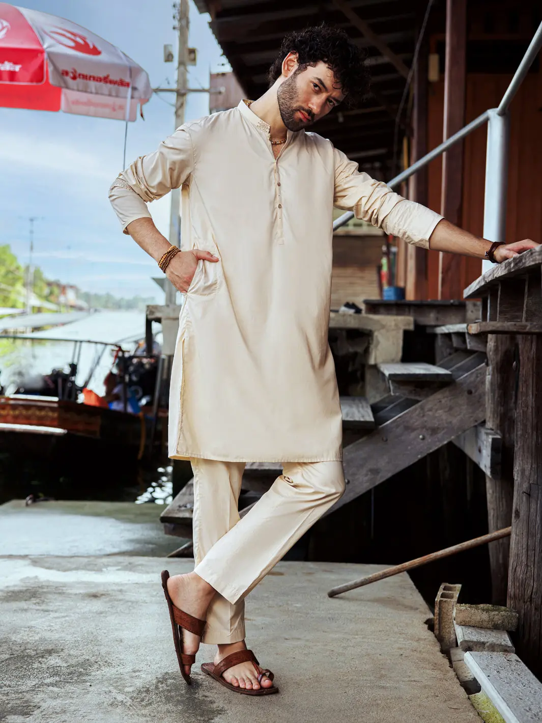 Cream Cotton Kurta Trouser - Al-Kt-2989 1