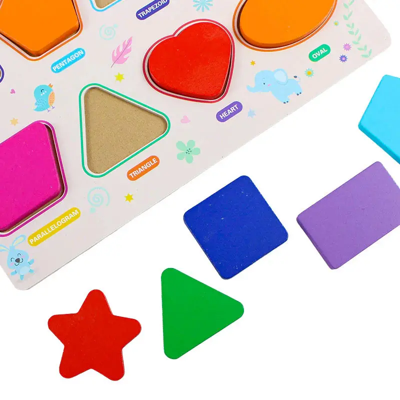 Kids 3D Geometric Shapes Guide Wooden Puzzle Board Large 12X12 Inches 2