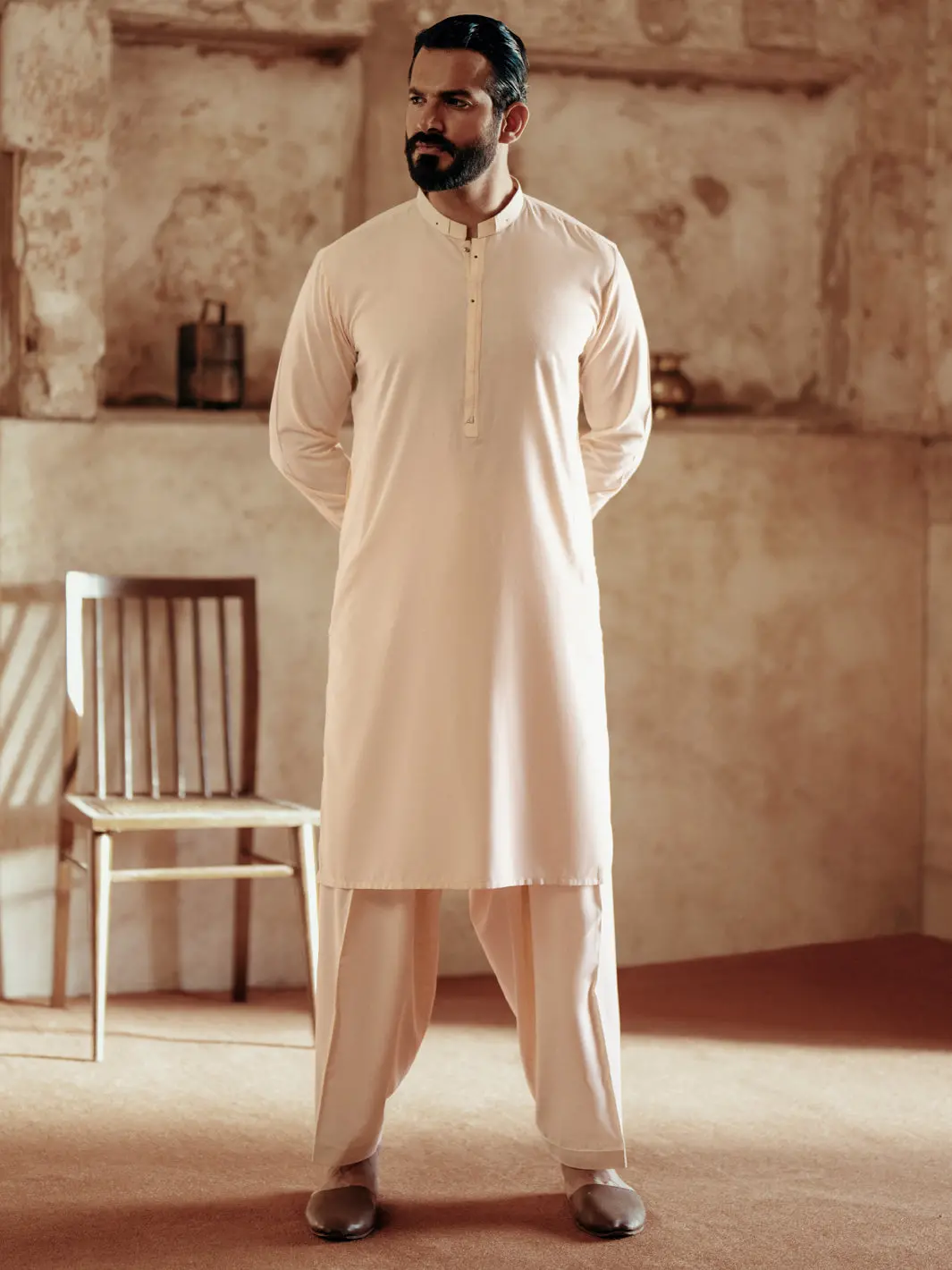 Cream Blended Kameez Shalwar - Al-Ks-3051 1