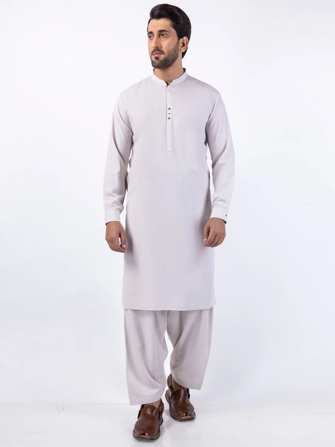 Light Beige Blended Kameez Shalwar - Al-Ks-3061 1