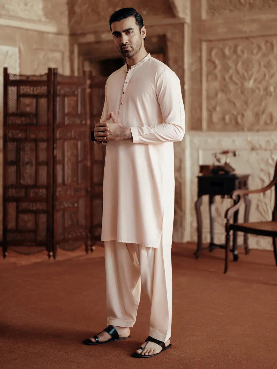 Cream Blended Kameez Shalwar - Al-Ks-3069 1