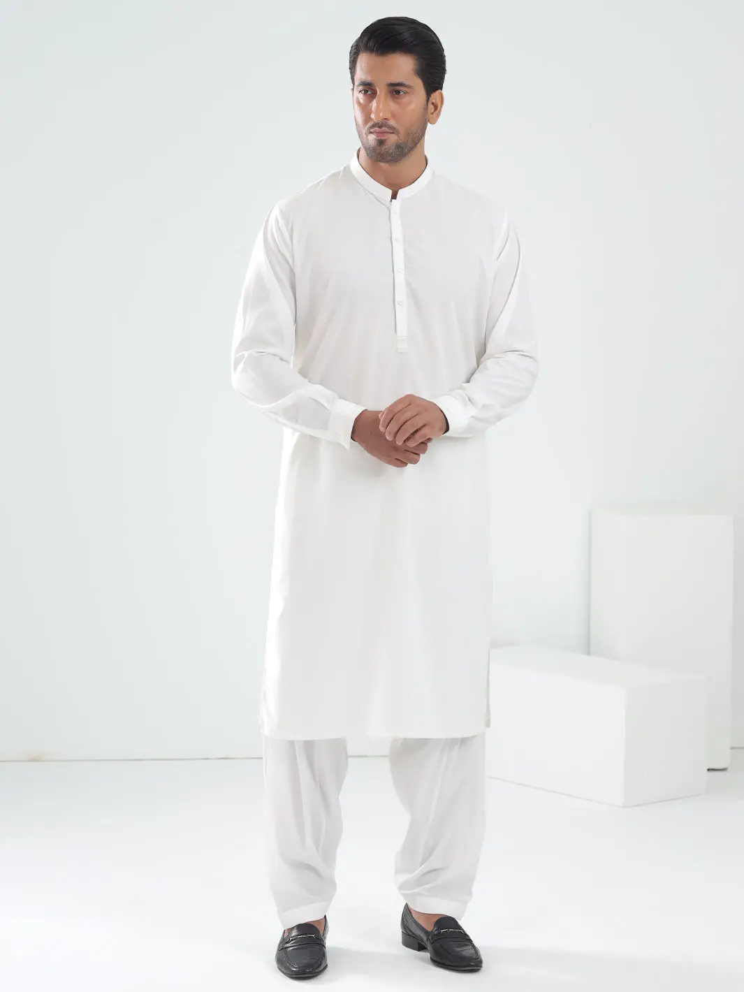 White Blended Kameez Shalwar - Al-Ks-3075A 1