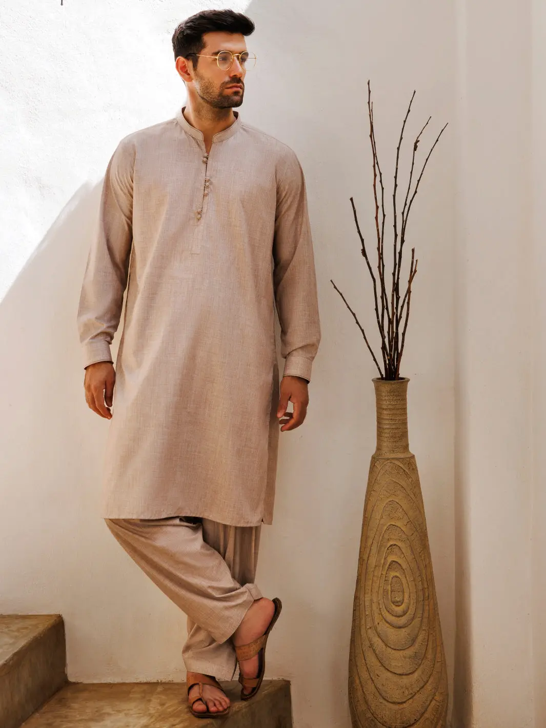 Light Brown Blended Kameez Shalwar - Al-Ks-3103 1