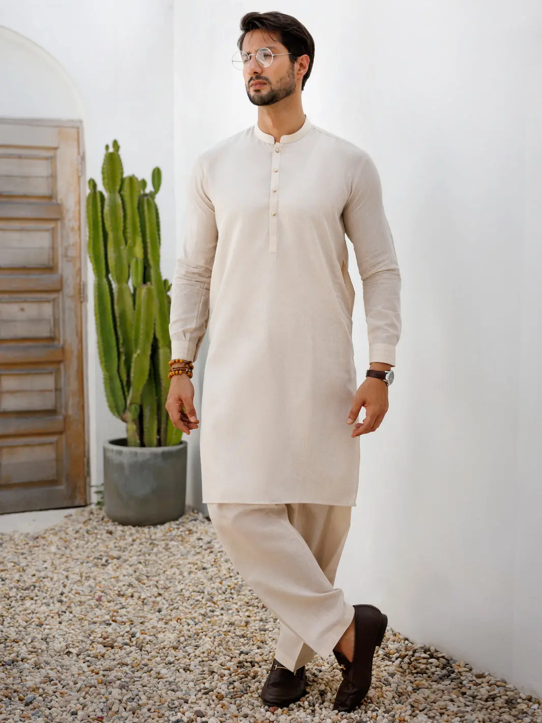 Beige Blended Kameez Shalwar - Al-Ks-3106 1