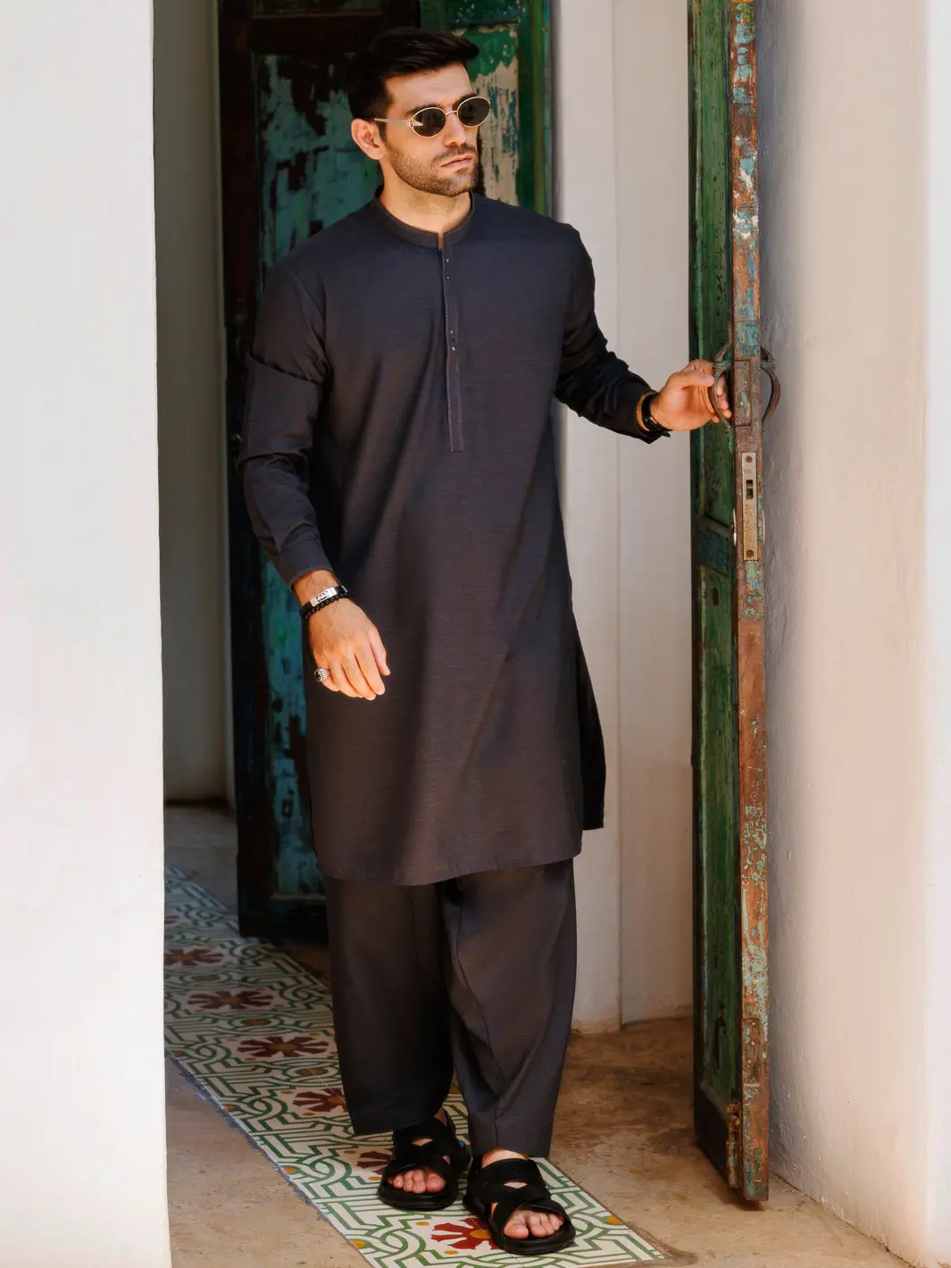 Dark Grey Blended Kameez Shalwar - Al-Ks-3145 1