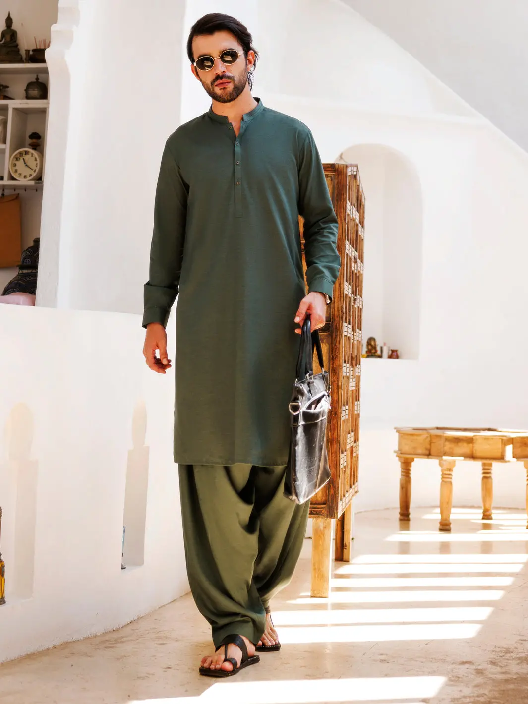Bottle Green Blended Kameez Shalwar - Al-Ks-3149 1