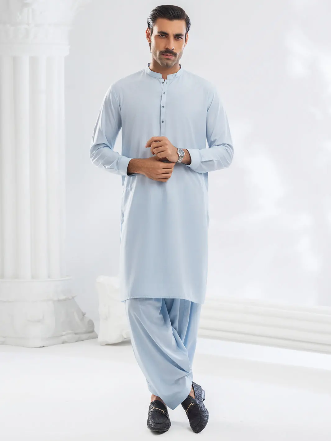Light Blue Blended Kameez Shalwar - Al-Ks-3163 1