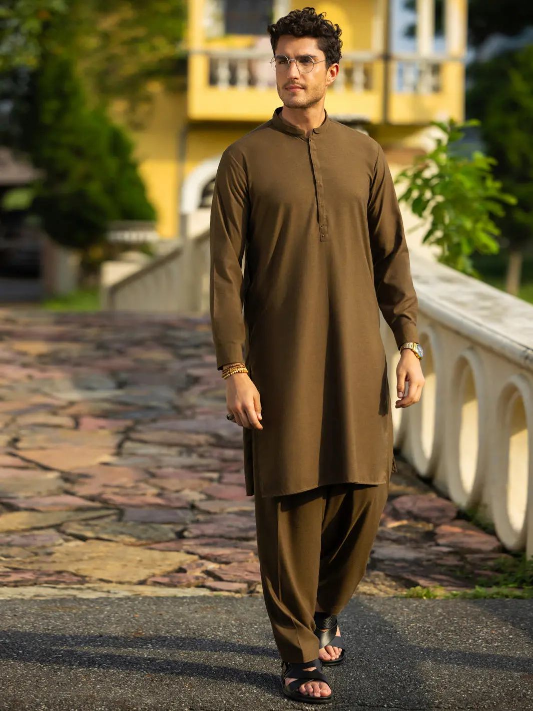 Olive Green Blended Kameez Shalwar - Al-Ks-3165A 1