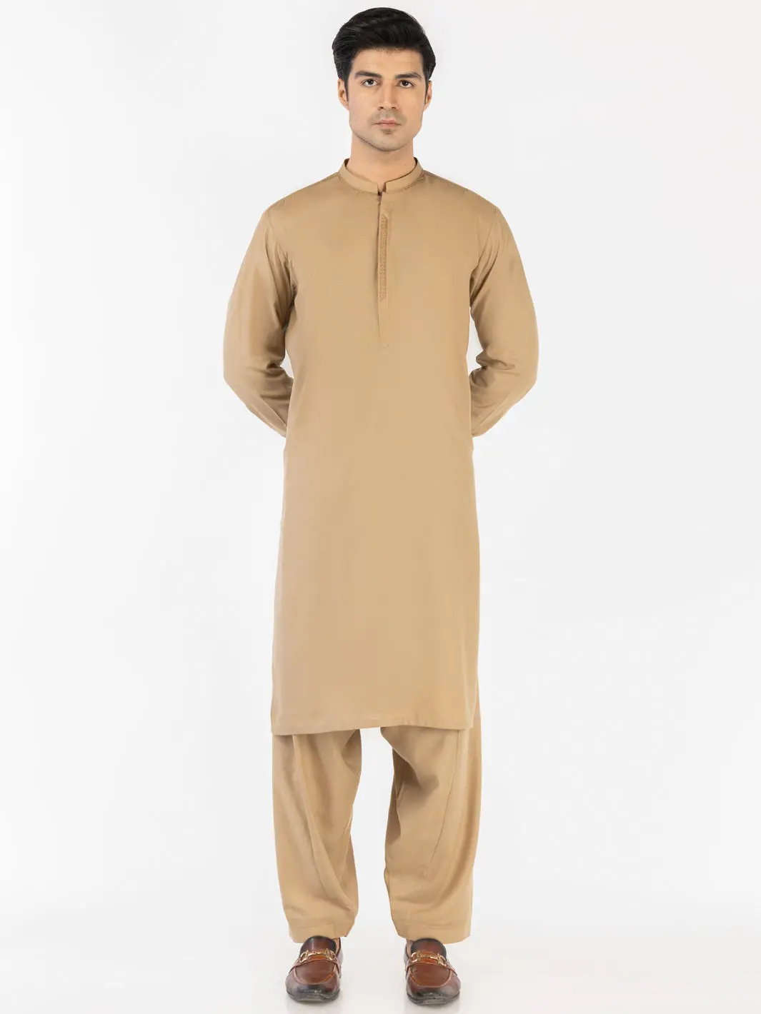 Beige Blended Kameez Shalwar - Al-Ks-3180 1