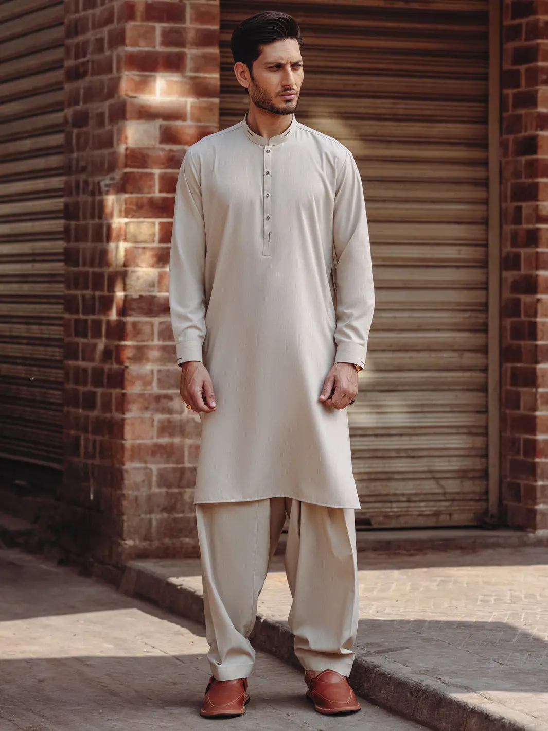 Beige Blended Kameez Shalwar - Al-Ks-3195 1
