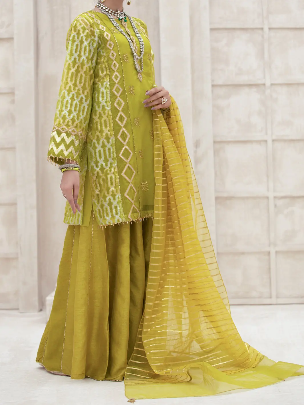 Lime Green Bemberg Organza 3Pc Formal Unstitched - Al-3Ps-Ls-Un-319 1