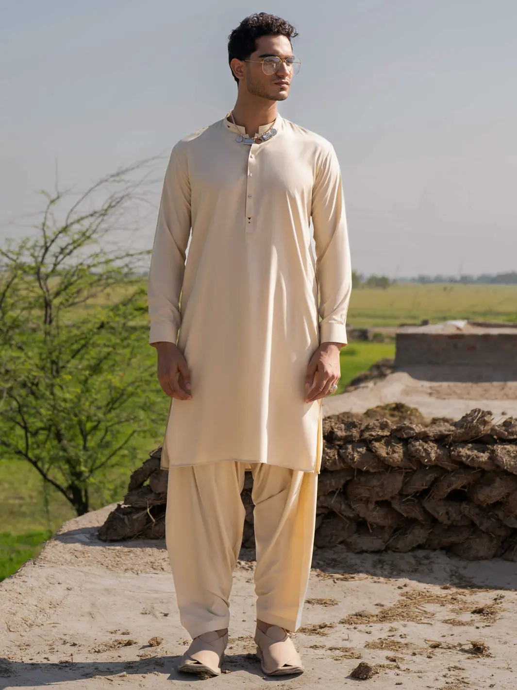 Beige Blended Kameez Shalwar - Al-Ks-3206 1
