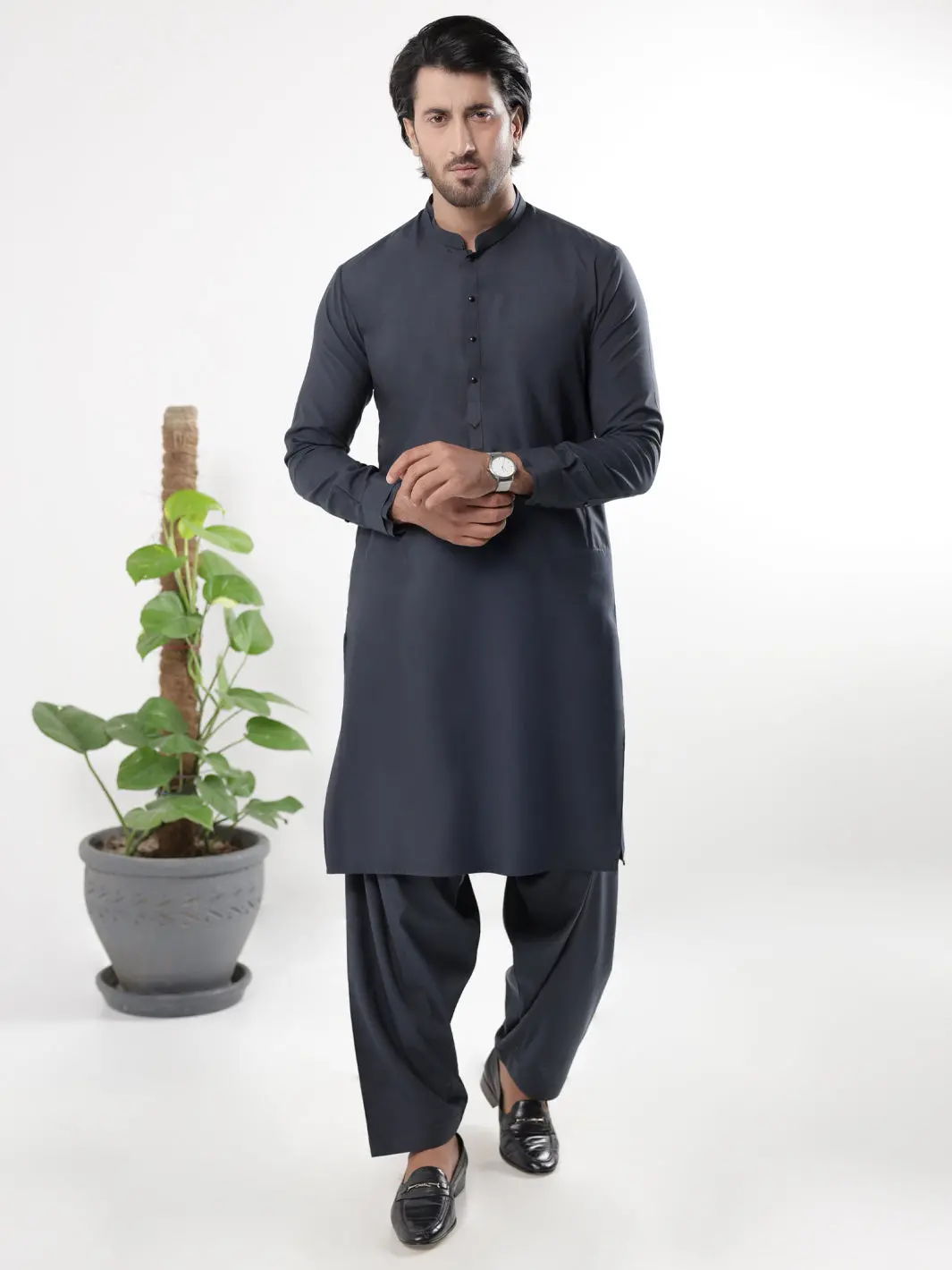 Charcoal Grey Blended Kameez Shalwar - Al-Ks-3214 1