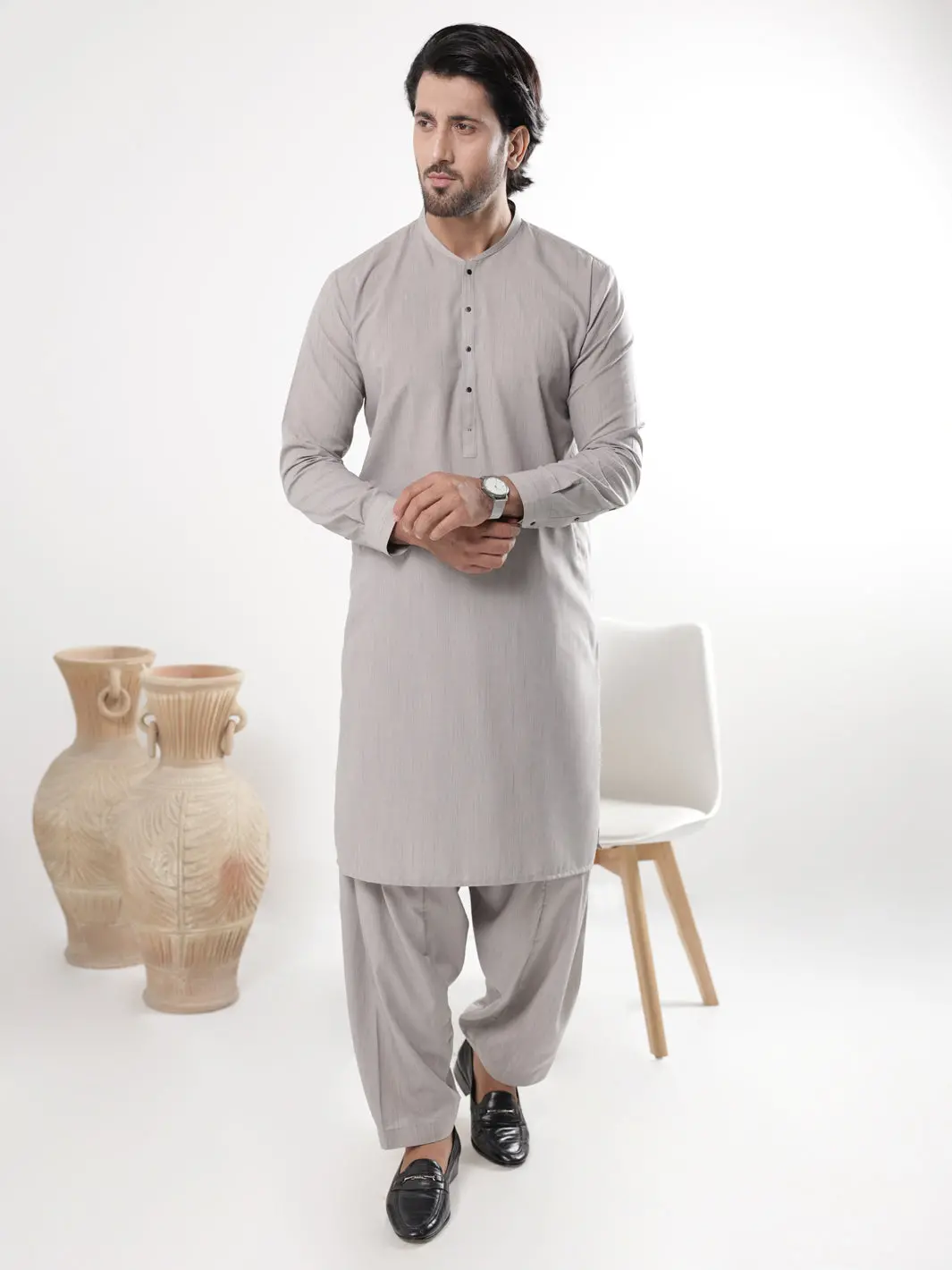 Ash Grey Blended Kameez Shalwar - Al-Ks-3216 1