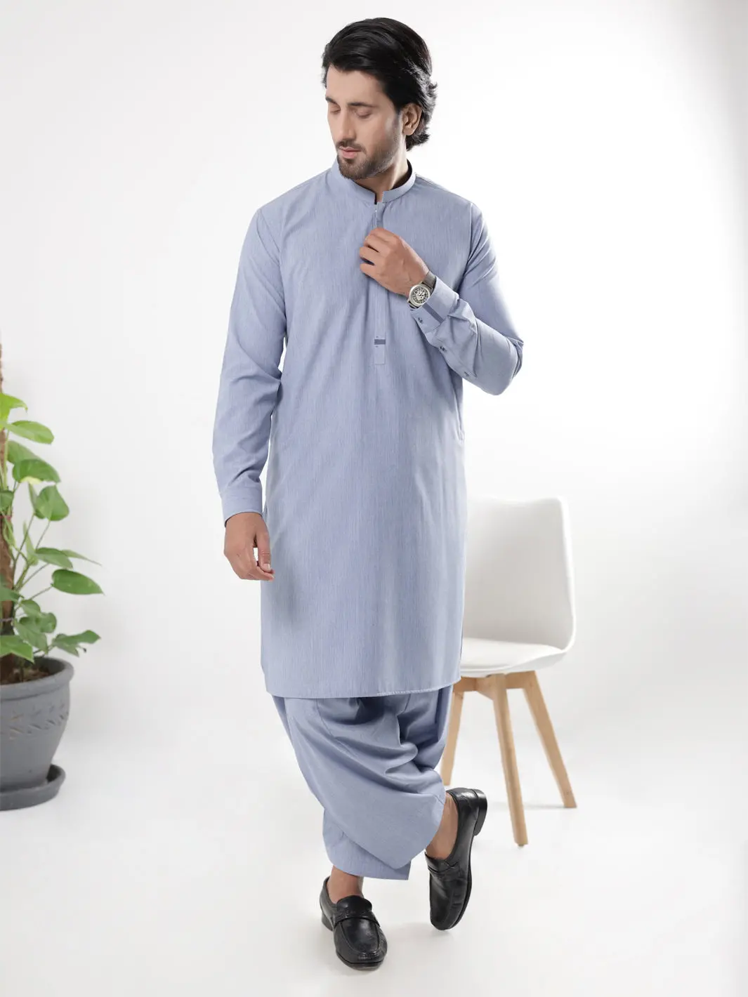 Light Blue Blended Kameez Shalwar - Al-Ks-3229 1