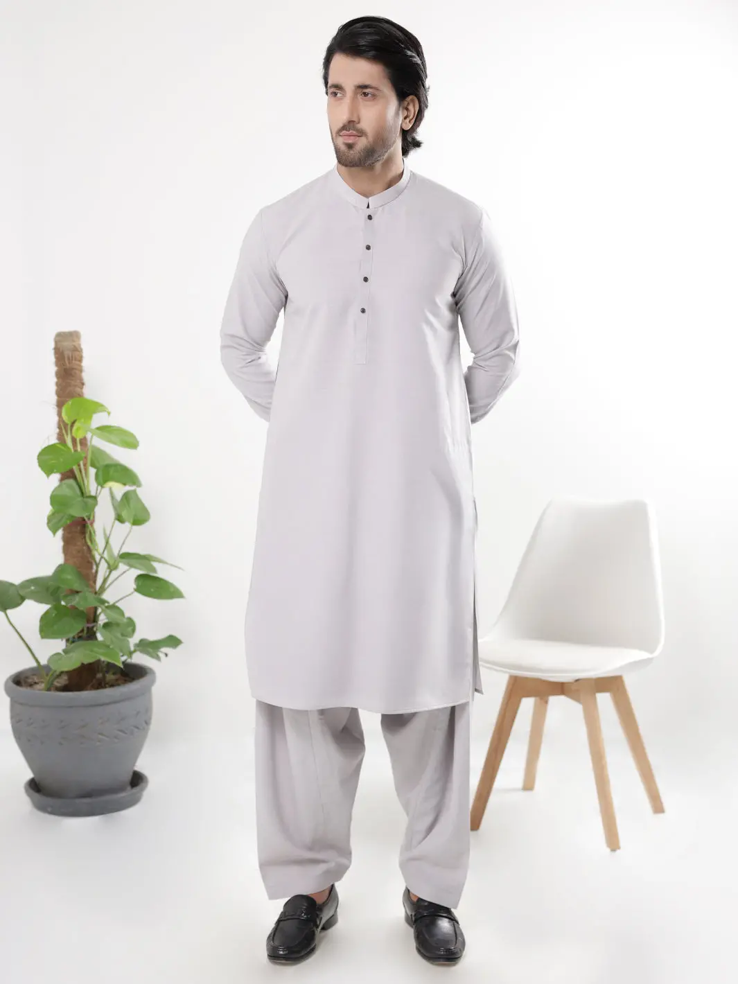 Ash Grey Blended Kameez Shalwar - Al-Ks-3233A 1
