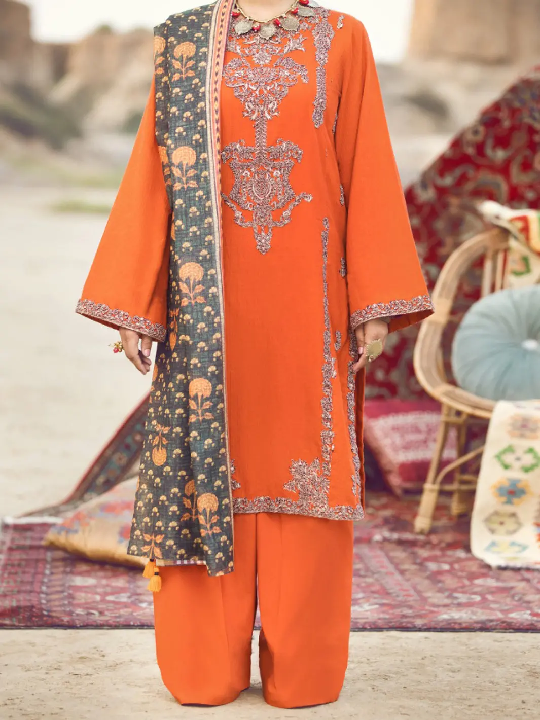 Orange Dobby Jacquard 3Pc Stitched - Awp-3Ps-333 1