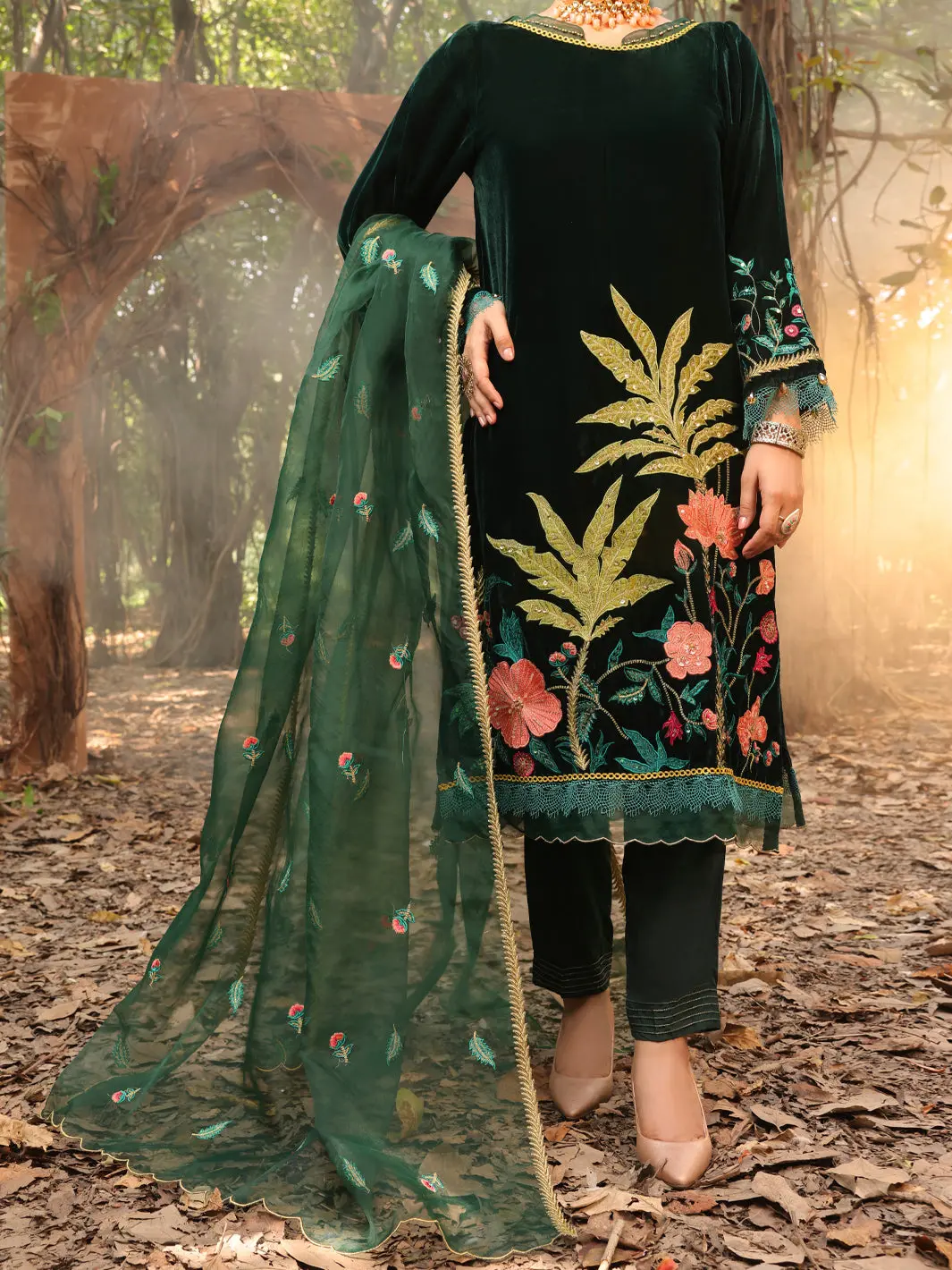 Dark Green Velvet 3Pc Formal Stitched - Al-3Ps-Ls-389 1