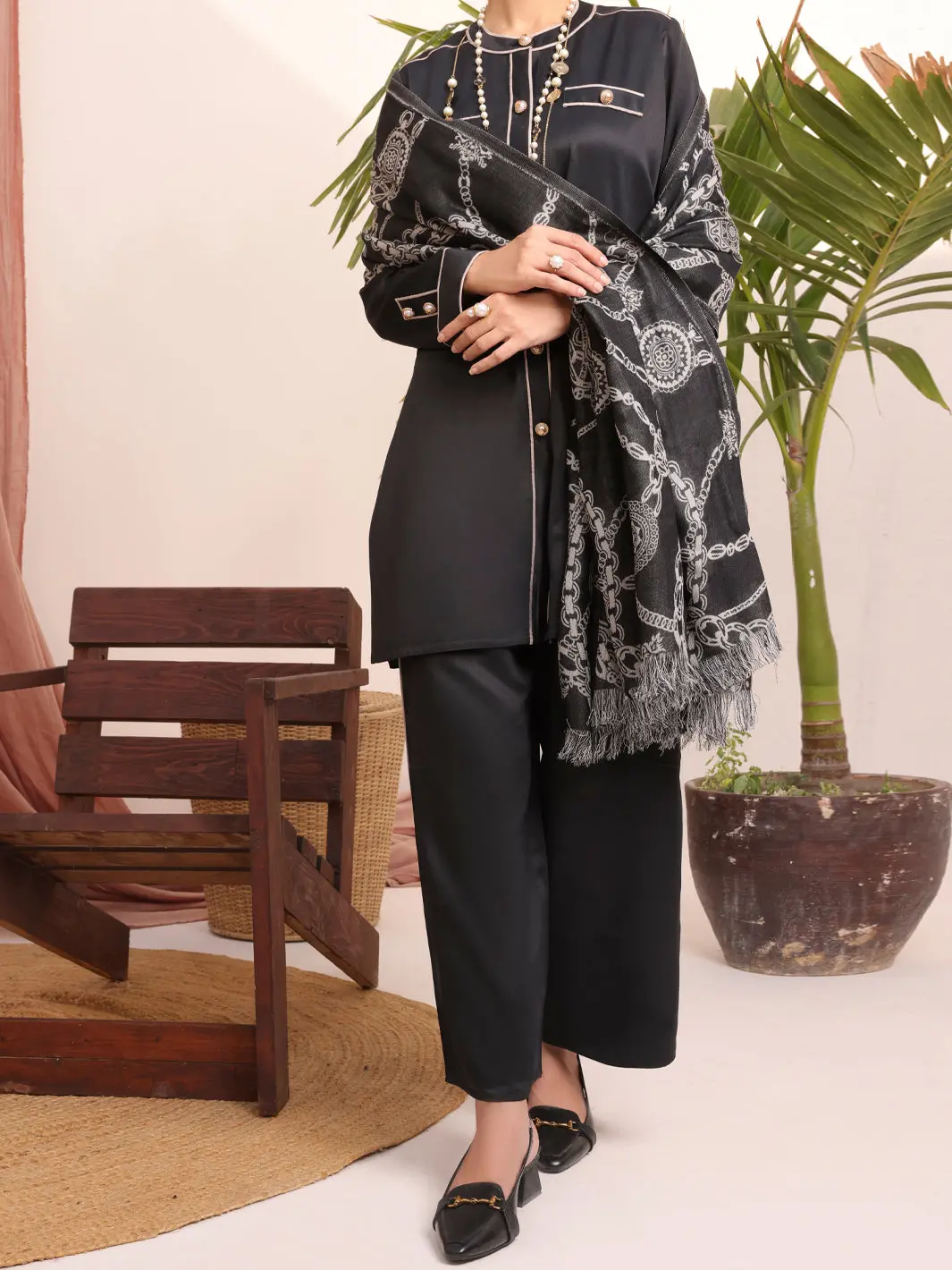 Black Dobby Viscose Unstitched 3Pc - Awp-3Ps-432 1