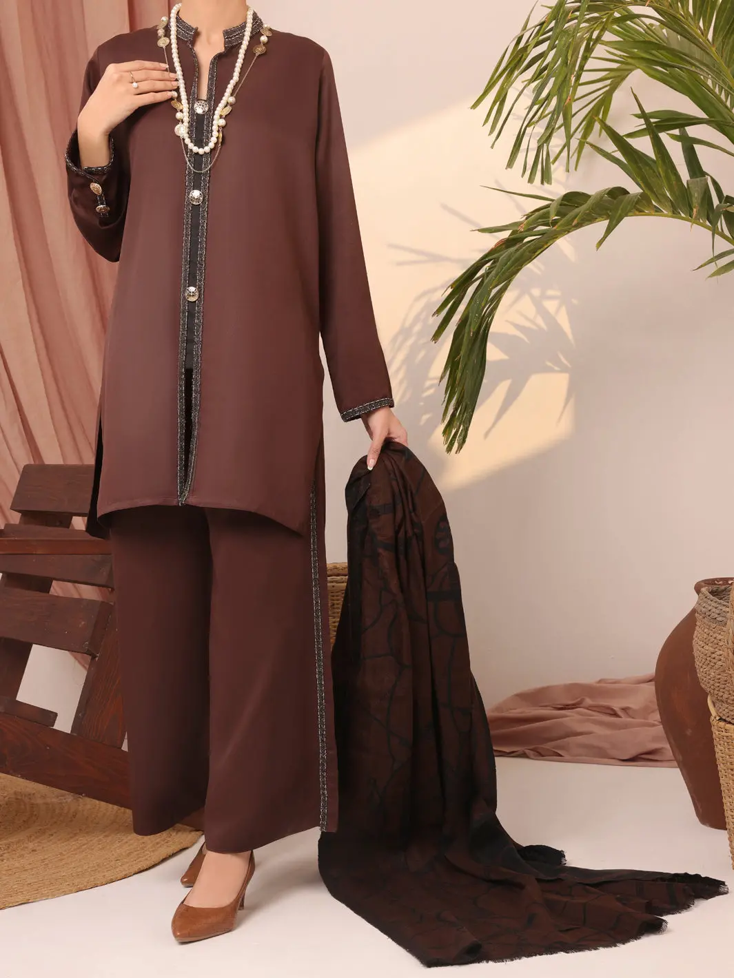 Dark Brown Dobby Viscose Unstitched 3Pc - Awp-3Ps-434 1