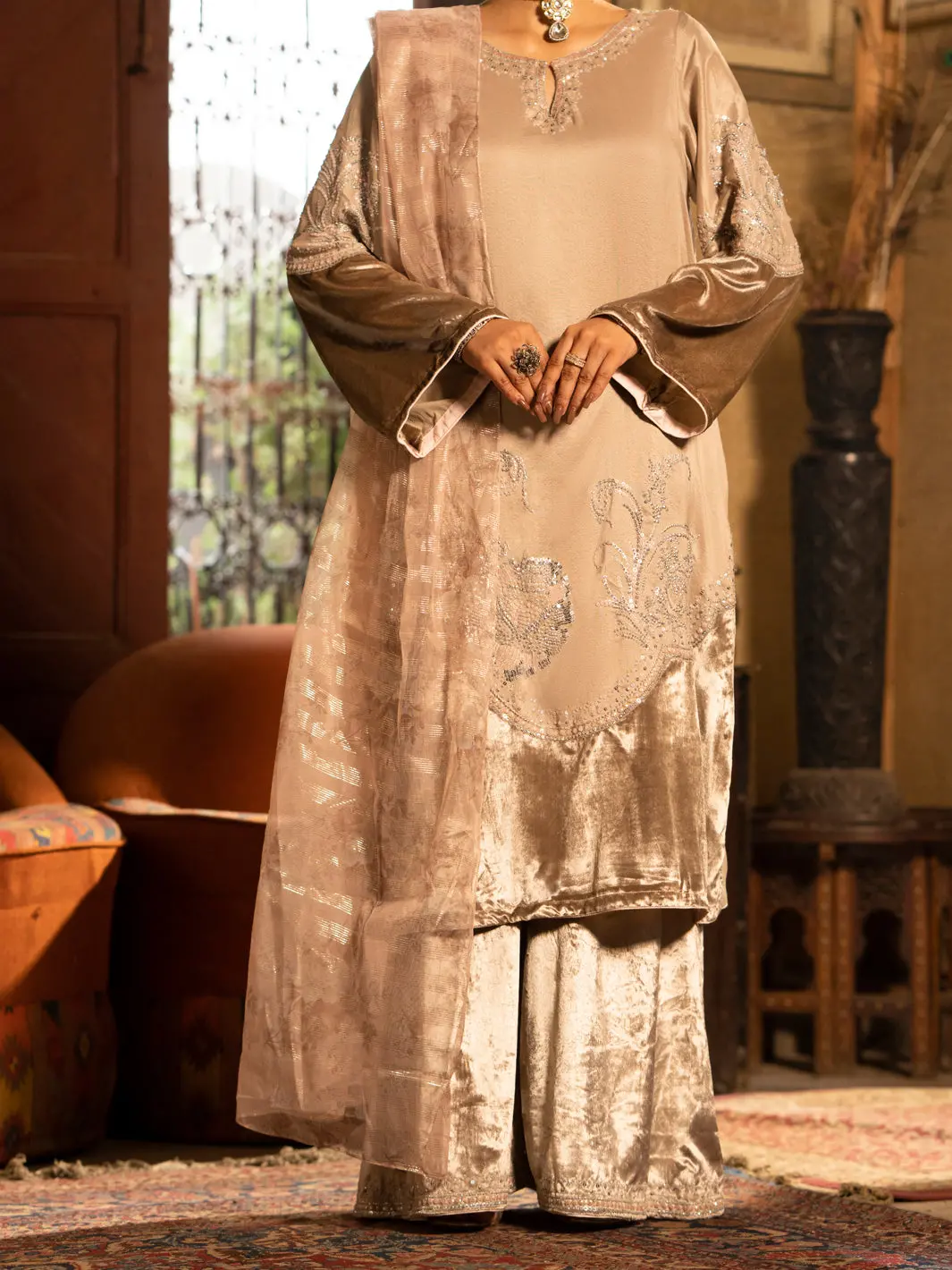 Beige Sheesha Silk Formal 3Pc Stitched - Al-3Ps-Ls-438 1