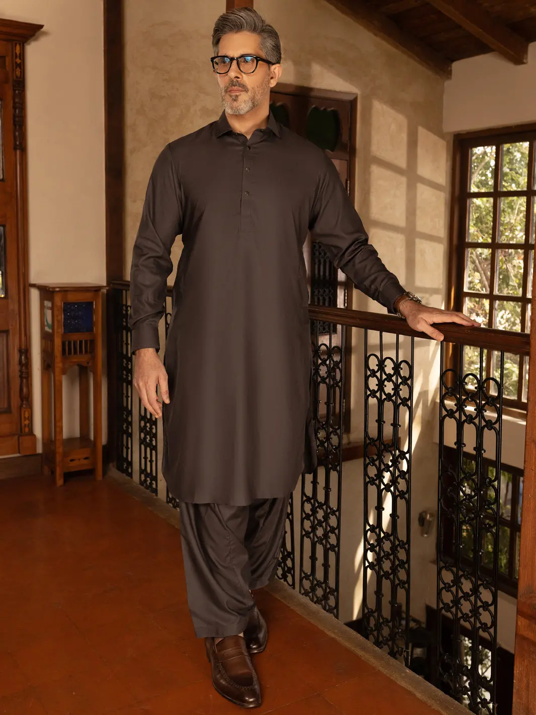 Charocal Grey Cotton Kameez Shalwar - Alwa-Ks-440 1