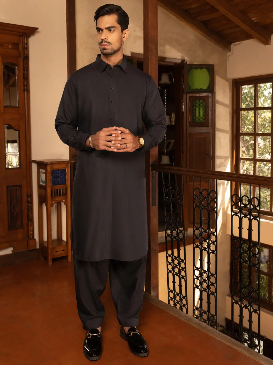 Dark Grey Blended Kameez Shalwar - Alwa-Ks-474 1
