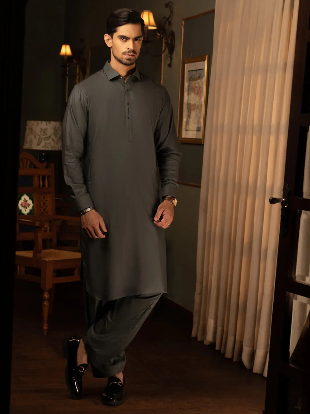 Dark Green Cotton Kameez Shalwar - Alwa-Ks-443 1