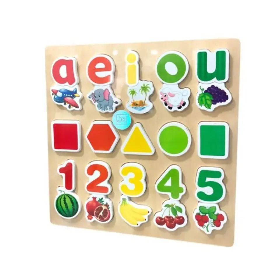 3In1 Wooden Montessori Educational Board (Vowels, Numbers, Shapes) Large 12X12 Inches 1