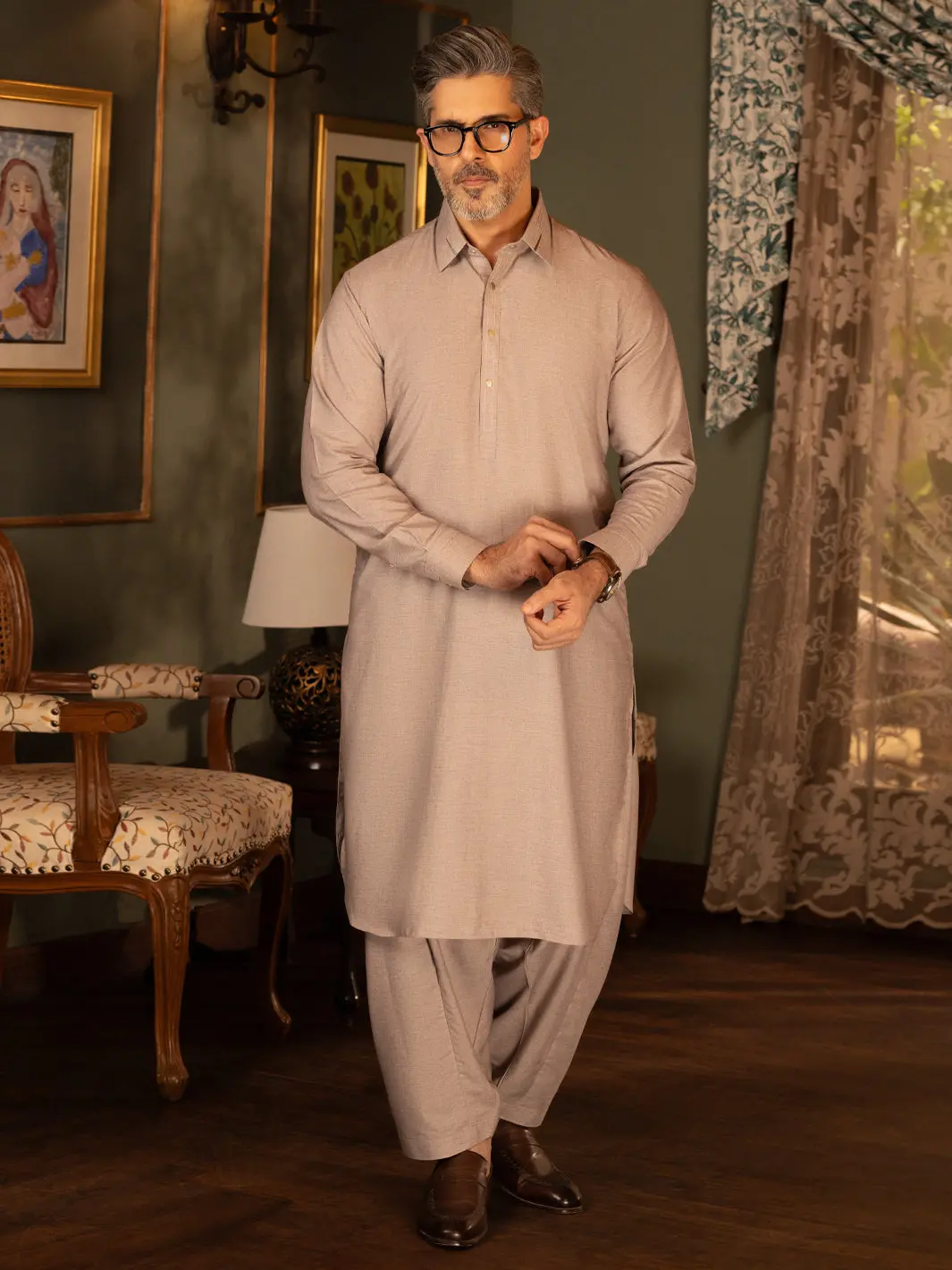 Beige Blended Kameez Shalwar - Alwa-Ks-475 1